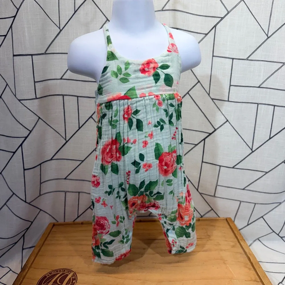Angel‎ Dear Floral Muslin Romper 6-12M Mint Red Excellent Harem One Piece
